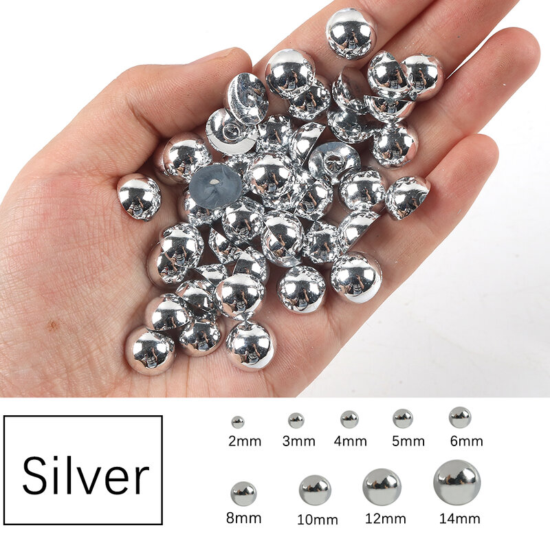 Perle di perle FlatBack semicircolari Color argento 2-14mm perle colla su perle pietra di perline per accessori per la creazione di gioielli artigianali fai da te