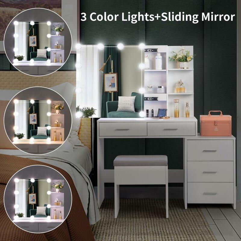 Set da scrivania a 5 cassetti con grande specchio illuminato a LED per abito da trucco per camera da letto