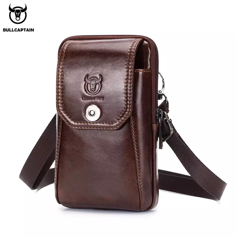 BULLCAPTAIN Genuine Leather Men's Waist Packs Phone Pouch Bags Waist Bag Male Small Chest Shoulder Belt Bag Small Waist Packs