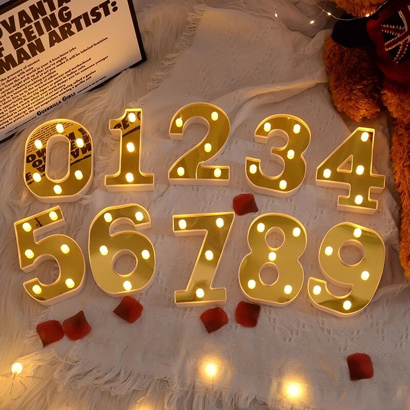 プラスチック製の妖精のLEDランプ,6.29インチ,文字付き,ゴールドの飾り,アルファベット,数字,常夜灯,家庭,結婚式,誕生日,クリスマスの装飾