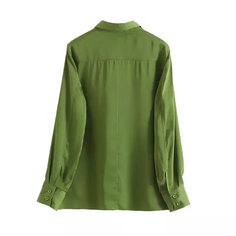 Camisa feminina de botão manga comprida de cetim a céu aberto, requintado top chique, multicolor, edição casual, moda retrô, 2023