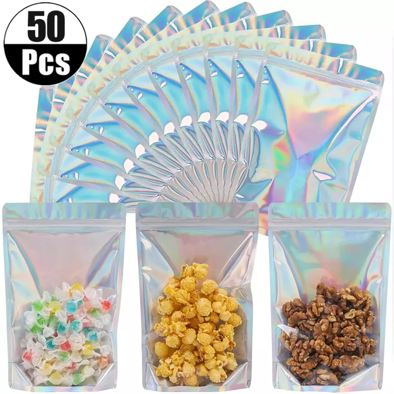 Bolsas iridiscentes con cremallera, bolsas de plástico para cosméticos, maquillaje holográfico, bolsas de regalo con holograma, 10-50 piezas
