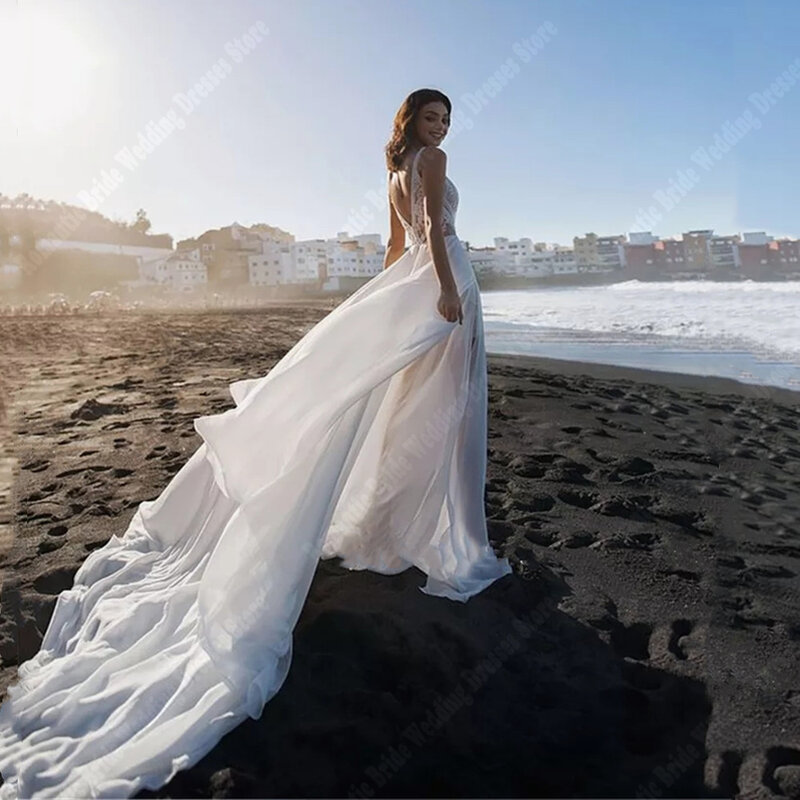 Gaun pengantin wanita seksi terang gaun pengantin tanpa lengan A-Line gaun pengantin panjang pel pesta pertunangan Putri Vestidos De Novia 2024
