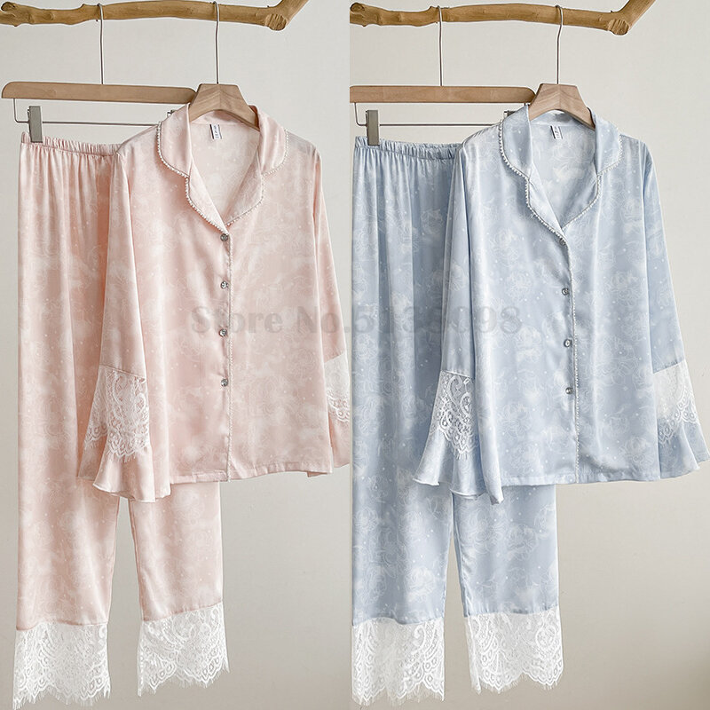 Koronkowa patchworkowa piżama jedwabna satyna koszule z długimi rękawami ubrania domowe Casual drukowana bielizna nocna damska bielizna intymna Loungewear