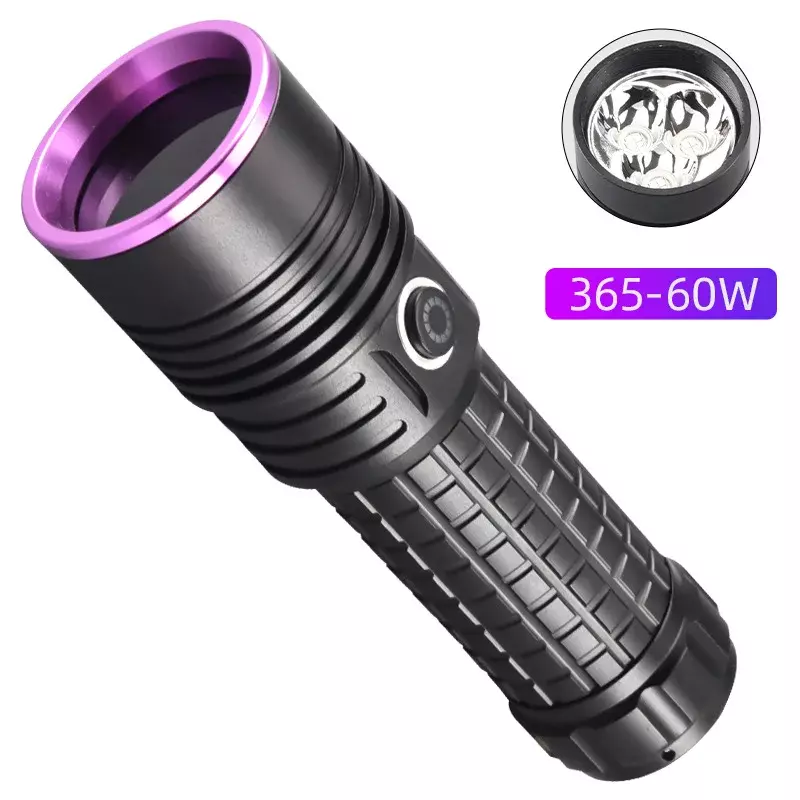 Lanterna UV de Alta Potência, Tipo-C Recarregável, Portátil, Impermeável, Lanterna, Tocha, 26650, 60W, 365NM