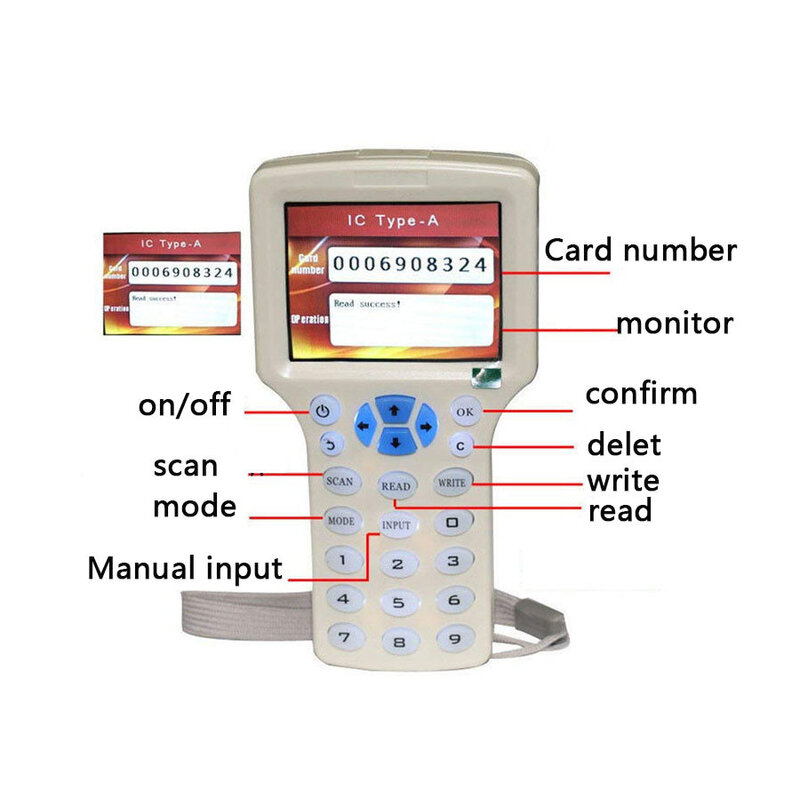Duplicadora LCD com Cabo USB, RFID, Gravador, Copiadora, IC, ID, 125KHz-13,56 MHz Cards, Inglês, 10 Frequências