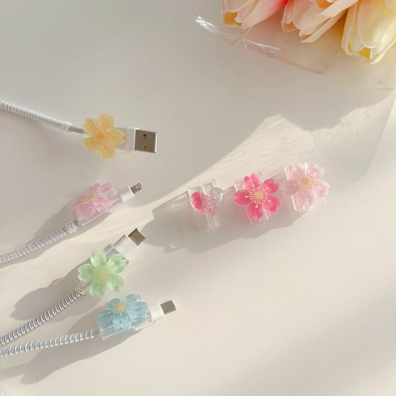 Flower Charger Protector para iPhone 14, Tipo C Cable Protector, Data Line Cord, Capa Protetora, Bonito