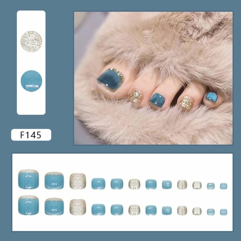 Uñas de los pies falsas para mujeres y niñas, cubierta completa francesa, Ojo de Gato Azul, punta cuadrada corta, 24 piezas por juego