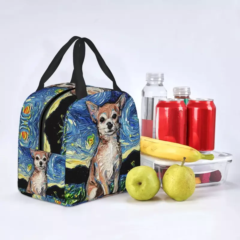 Chihuahua Sternennacht Kunst wärme isolierte Lunch-Tasche Frauen tragbare Lunch-Tasche für Outdoor-Picknick Multifunktions-Food Bento-Box