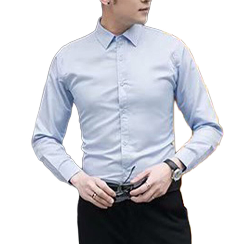 Kemeja bisnis Formal pria, blus kantor warna polos lengan panjang ramping kasual kemeja pesta atasan klasik untuk laki-laki