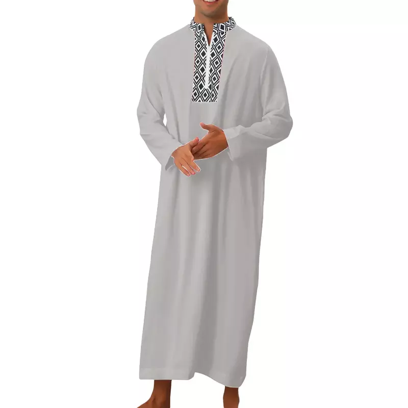 Muslim Fashion 2024 Men's Long Sleeve V-neck Moroccan Kaftan Half Zipper Casual Djellaba Abaya Jubba Thobe Muslim Men Clothing