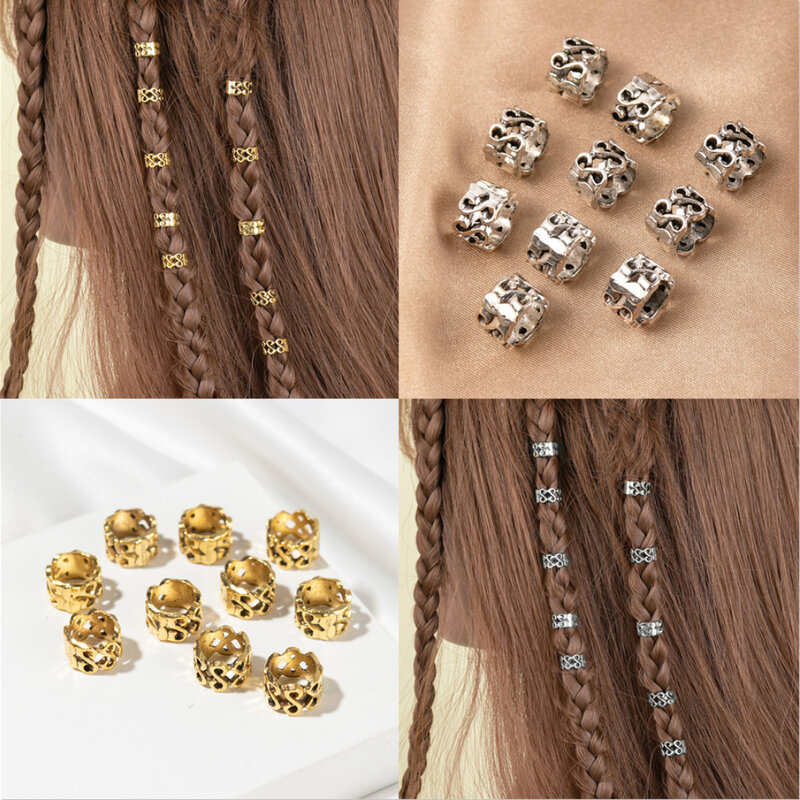 10pcs/set Retro Gold Dreadlock Beads Hair Braid Dread Clips African Braids Cuff Rings Jewelry Decor Dreadlock Clasps Accessories