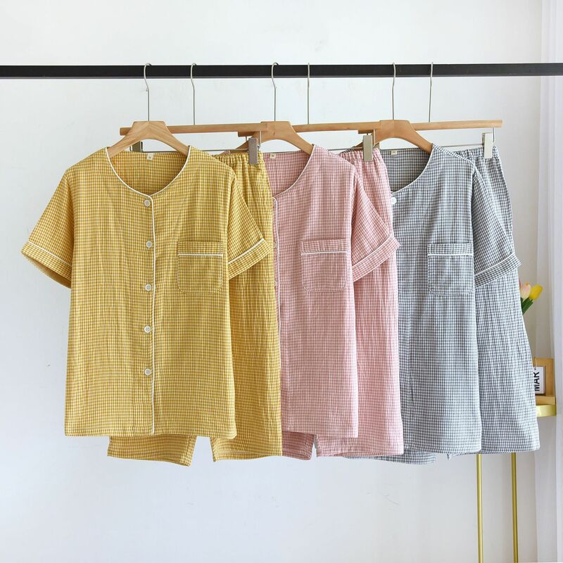 Kurzarm Top Capris Plaid Pyjama für Männer und Frauen Baumwolle Homewear Rundhals ausschnitt Sommer Set Frau 2 Stück Hauskleidung