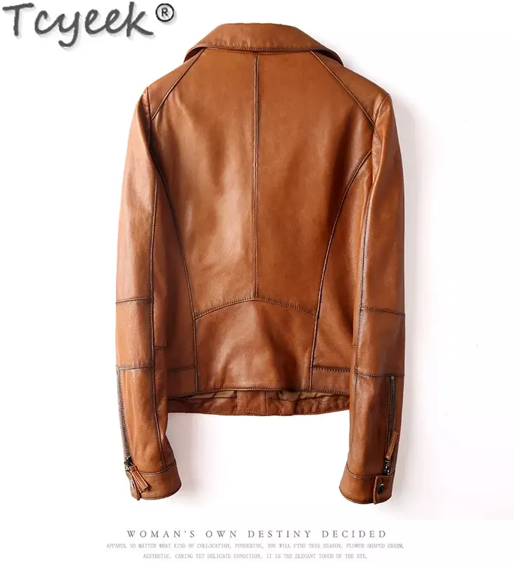 Tcyeek-Chaqueta de cuero auténtico para mujer, abrigo de piel de oveja, color negro y marrón, a la moda, para motocicleta, primavera y otoño