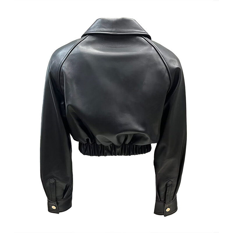 여성용 턴다운 칼라 크롭 가죽 재킷, 정품 양피 탄성 허리 코트, 2023 봄 가을, GT5542, 신상