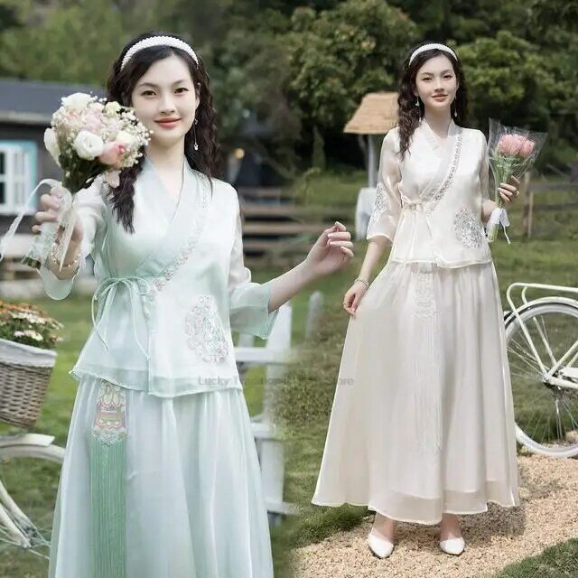 Blus tradisional, gaya Cina, setelan Tang ditingkatkan, blus sifon bordir bunga nasional, baju atasan Hanfu Retro
