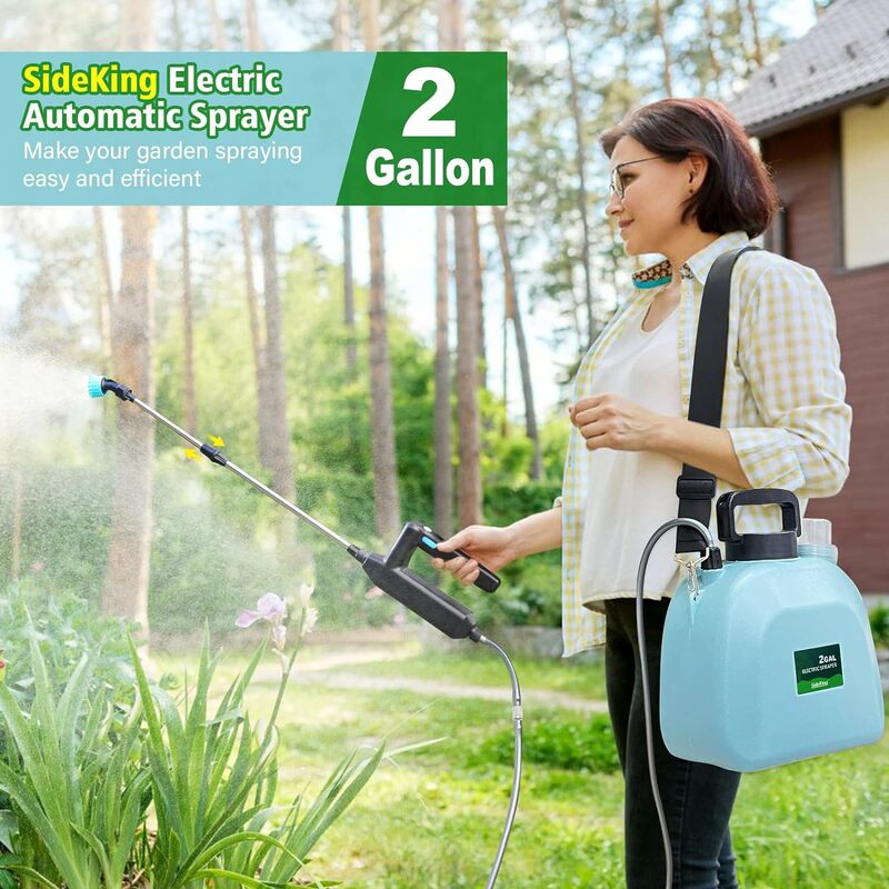 Spruzzatore da giardino alimentato a batteria SideKing 2 galloni Upgrade potente spruzzatore elettrico con 3 ugelli a nebbia bacchetta retrattile