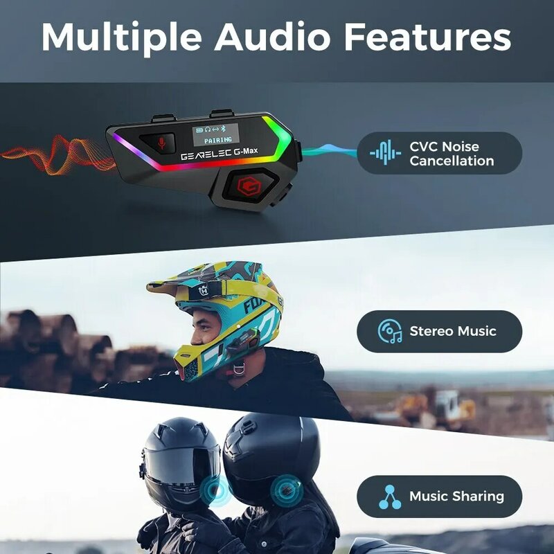 GEARELEC-auriculares intercomunicadores para casco de motocicleta, interfono de comunicación con luces IP67, pantalla inteligente para compartir música, 6 conductores, 2KM