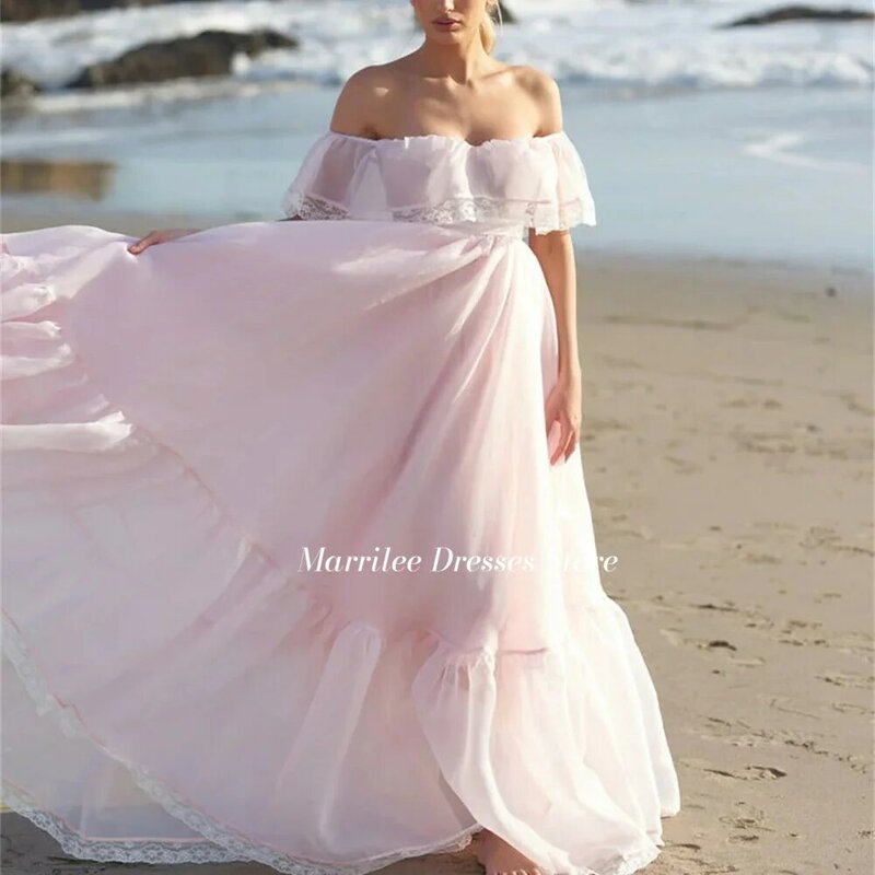 Marrilee Princess Pink Off Shoulder Pleated Applique Prom Dress charming A-Line Boat Neck Floor Length Organza Evening Gown 2024