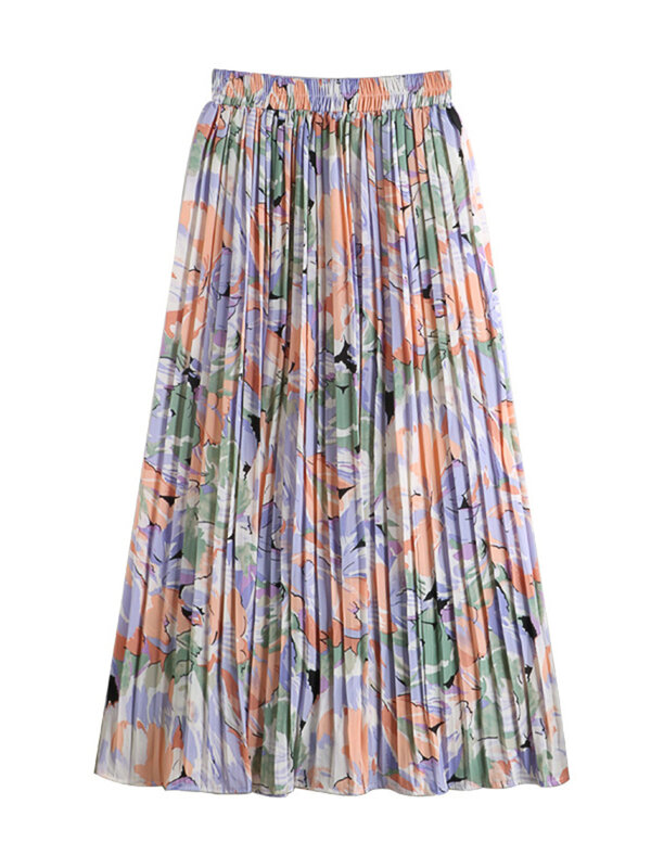 UCXQ rok motif bunga elegan pinggang tinggi tipis panjang menengah sifon dicetak rok panjang berlipat untuk wanita 2024 musim semi musim panas R1165