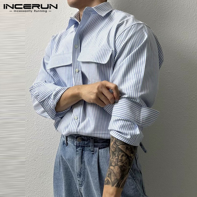 Men's Striped Shirt Lapel Long Sleeve Pockets Loose Streetwear Casual Men Clothing 2024 Fashion Leisure Camisas S-5XL INCERUN