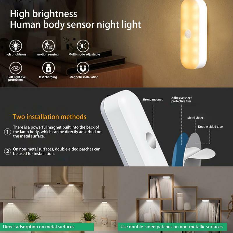 Movimento Ativado Luz Noturna Recarregável, Warm LED Night Light, Fast Charging Light Sensor, Adesivo, Brilho Ajustável