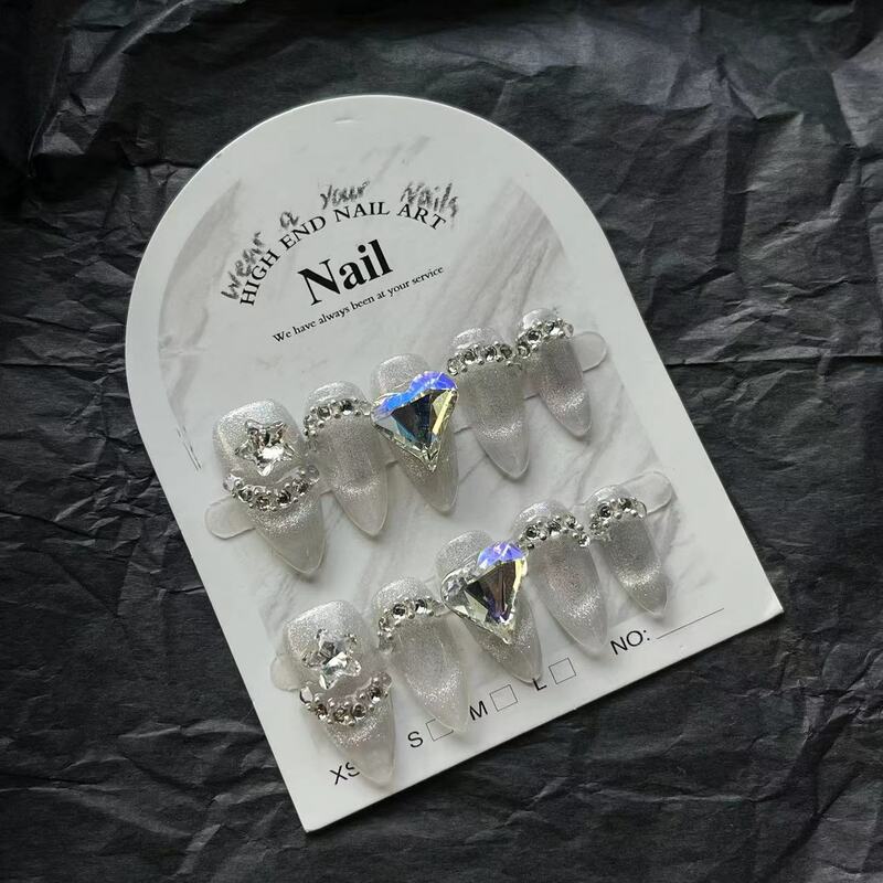 10 pz Glitter fatti a mano indossabile stampa sulle unghie Cat Eye mandorla balletto Design unghie finte copertura completa suggerimenti per unghie manicure artificiale