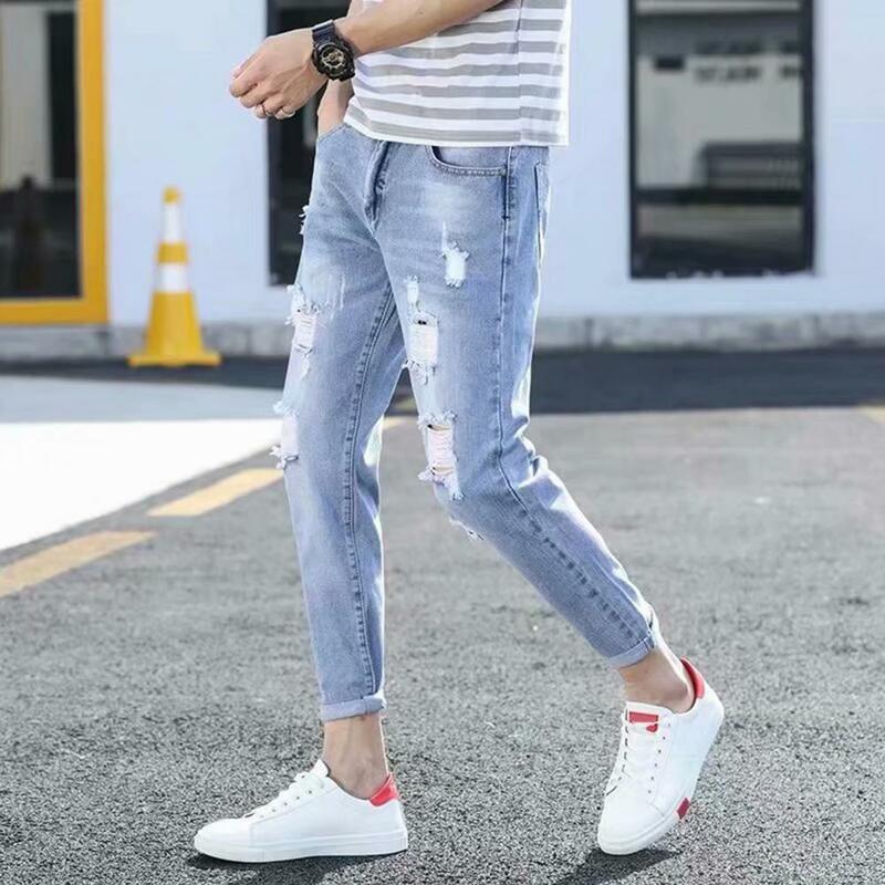 Trendy Slim Jeans Button Zipper Fly Dressing Up Ankle-Length Men Stretchy Ripped Tassel Denim Pants