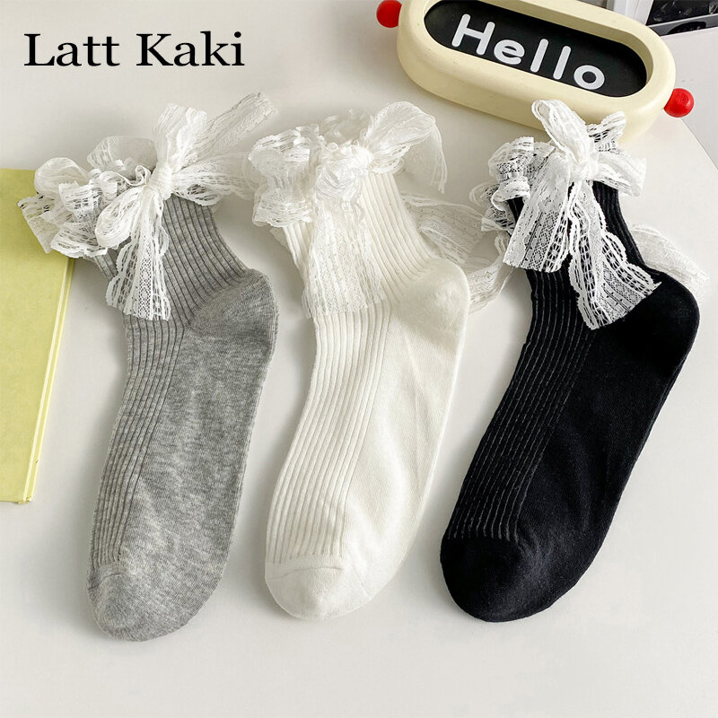Conjunto de 3 pares de meias curtas para mulher e menina, meias de malha respiráveis com laço, cor sólida, kawaii, primavera e verão