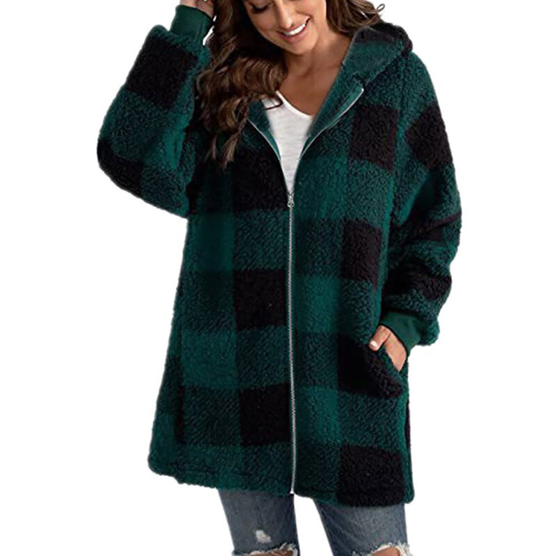여성용 체크 무늬 인조 모피 코트, 따뜻하고 부드러운 긴 모피 재킷, 겉옷 플러시 오버 코트, 포켓 지퍼 가디건, 후드 포함, 2023 가을, 겨울