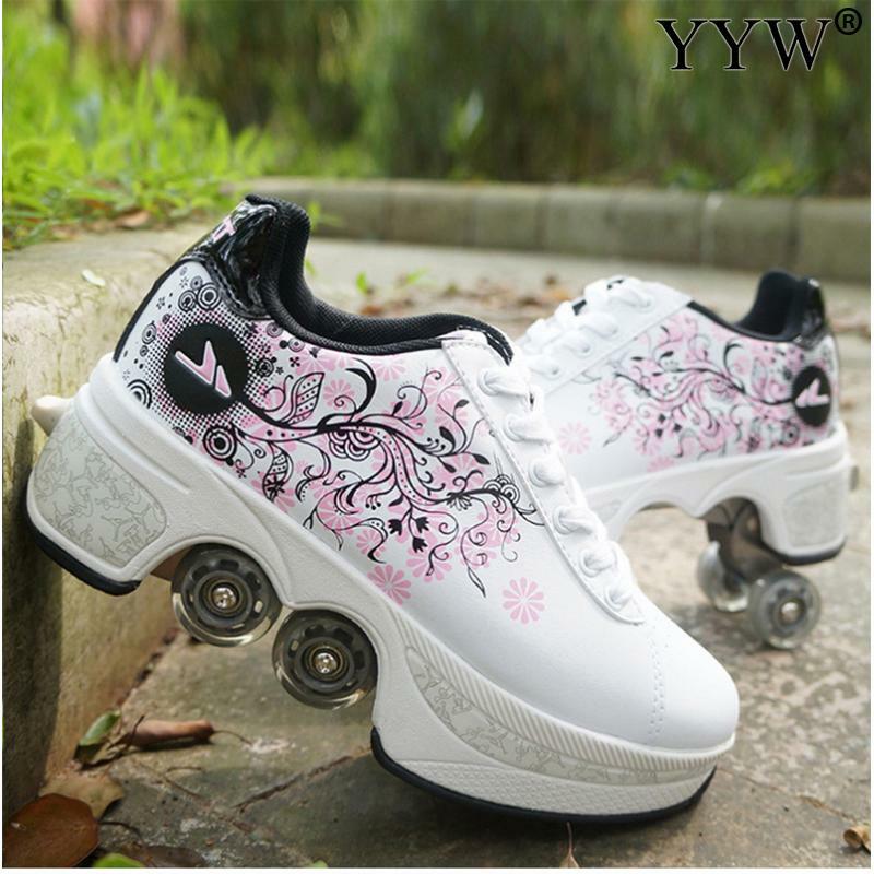 Zapatillas de deporte informales para caminar, patines de cuatro ruedas, deformables, para adultos, hombres, mujeres y niños