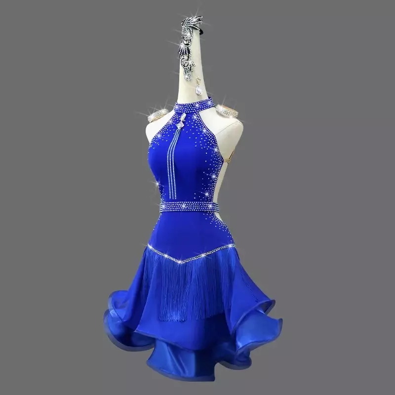 2024 niebieskich kostiumów konkursowych latynoska spódnica tańca latynoskiego, wykonujących sukienkę, spódnica do ćwiczeń dostosować dorosłe dzieci