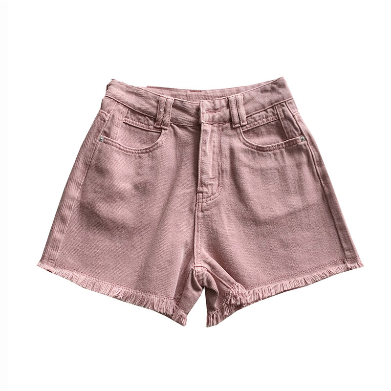 Pantalones cortos de mezclilla Rosa sucia de sarga Retro para mujer, pantalones cortos rectos de cintura alta, Verano