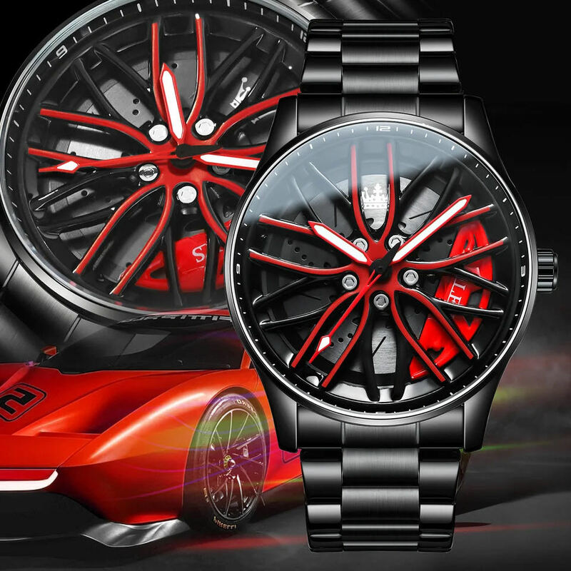 OLEVS-Relógio de pulso masculino esportivo carro aro quartzo, relógio de luxo, luminoso, impermeável, mostrador clássico, roda giratória, Top Brand
