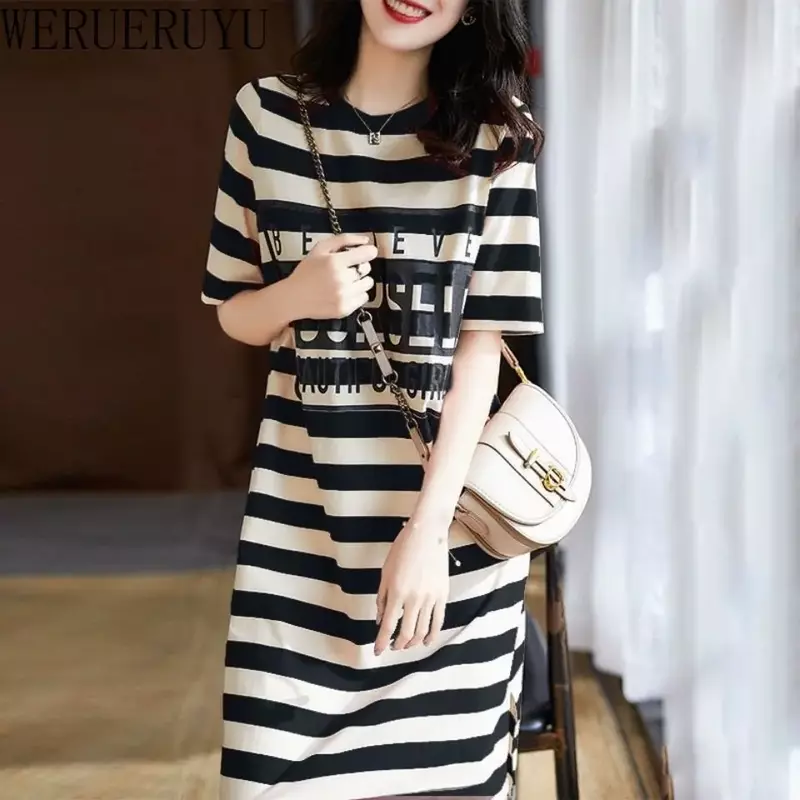 Striped Print Short Sleeve Midi Dress Summer Aesthetic Clothes Korean Fashion Casual Harajuku Dresses for Women 2023 Vestidos