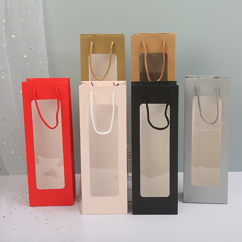 New Style Single Red Wine Tote Bag Window Transparent PVC Kraft Paper Flower Doll Rectangular Gift Packaging Bag