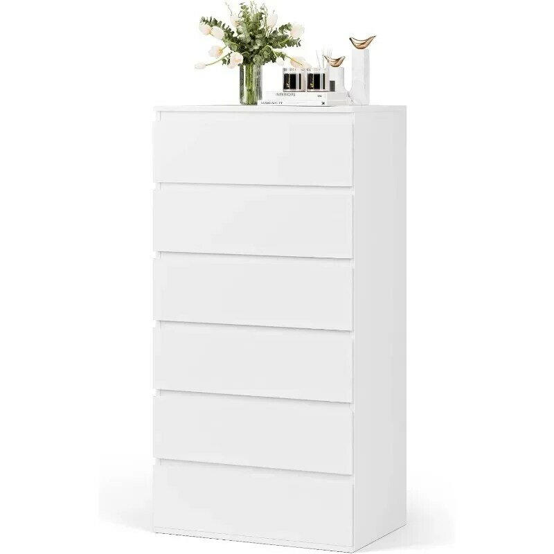 White Dresser, 6 Drawer Dresser, Modern Tall Floor Storage Cabinet with Metal Sliding Rail, Wooden Handleless Drawer Cabinet