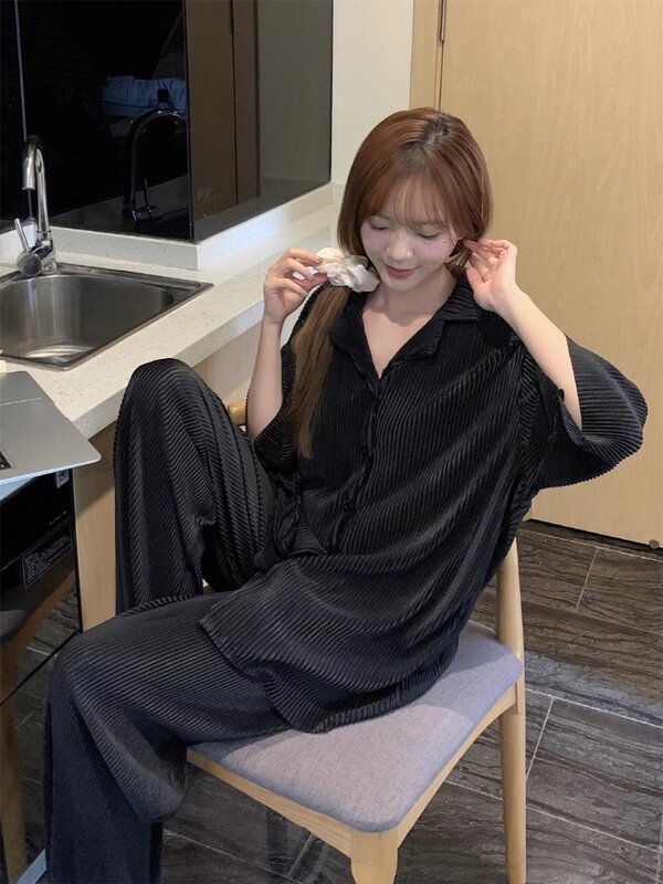 Txii-pijama de seda de gelo de alta qualidade, terno simples, cor preta, tamanho grande, roupas para a primavera e o verão, novo 2021
