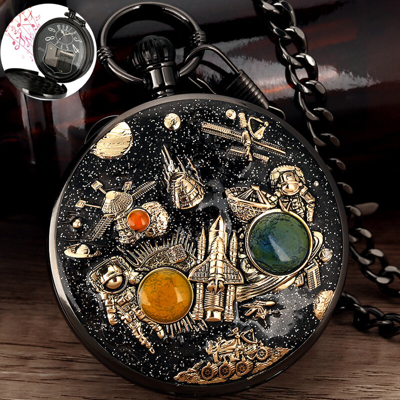 Reloj de bolsillo de música de la serie espacial para hombres y mujeres, reloj de cadena de cuarzo Original, collar de música, relojes únicos, regalos coleccionables para parejas