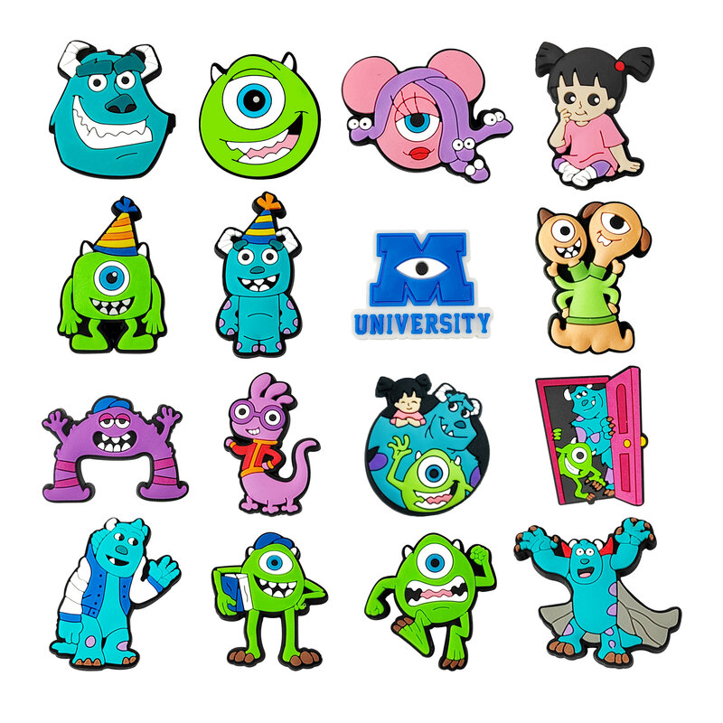 Disney-Cartoon Monsters Inc. University, PVC Jardim Sapatos, Decoração de Fivelas, James P Sapato, Fits Kids Gift, Hot Sale, 1-16Pcs
