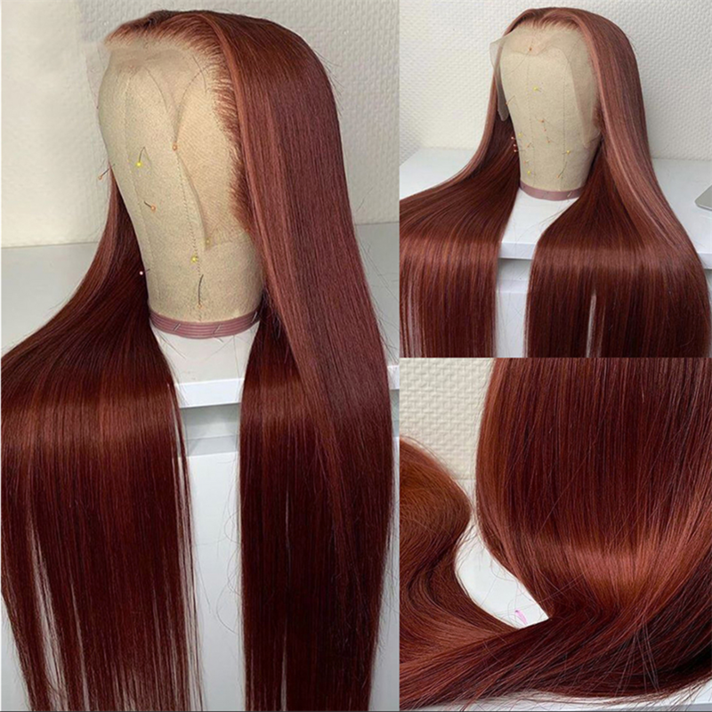 Sophia-Perruque de cheveux humains droite pour femme, perruques frontales en dentelle, fermeture 4x4, brun plonger âtre, rouge foncé, 13x4