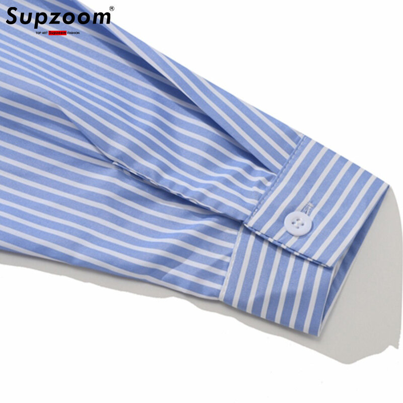 Мужская хлопковая рубашка в полоску Supzoom, Повседневная рубашка с отложным воротником и открытым стежком, 2024