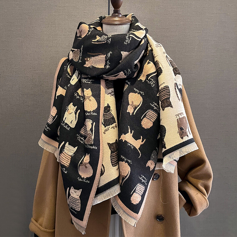 女性のためのイミテーションカシミヤスカーフ、用途の広いネックスカーフ、厚くて暖かい、防風性と寒い猫のファッション、冬