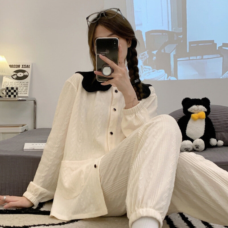 Women's 2 Piece Pajama Set Female Pyjama 100% Cotton Pijama Women Long Sleeve Lapel Shirt Pants Suit Sleepwear Homewear