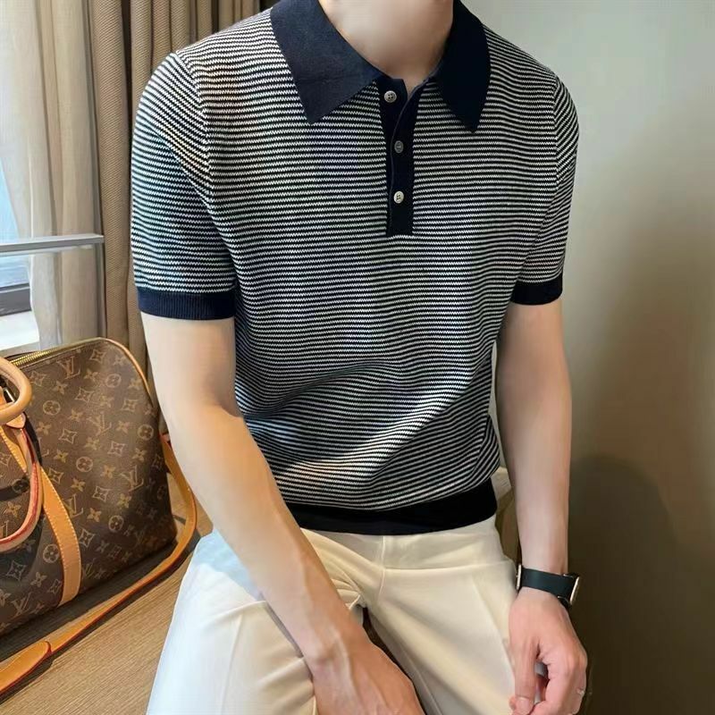 Summer Fashion Smart Casual Trendy New Ice Silk Knit Polo camicia da uomo con risvolto a righe con pannelli Versatile Top a maniche corte