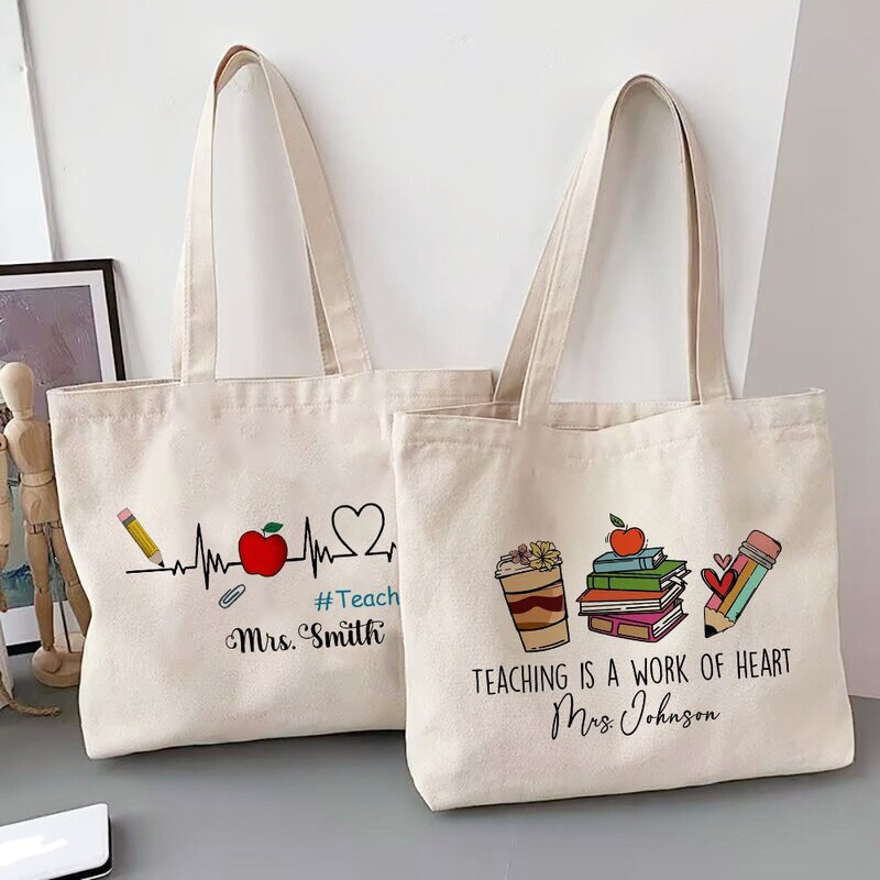 Personalized Tote Bag Custom Name Canvas Shoulder Bags Teacher Life Shopping Bag Female Travel Handbags Best Gift for Teachers
