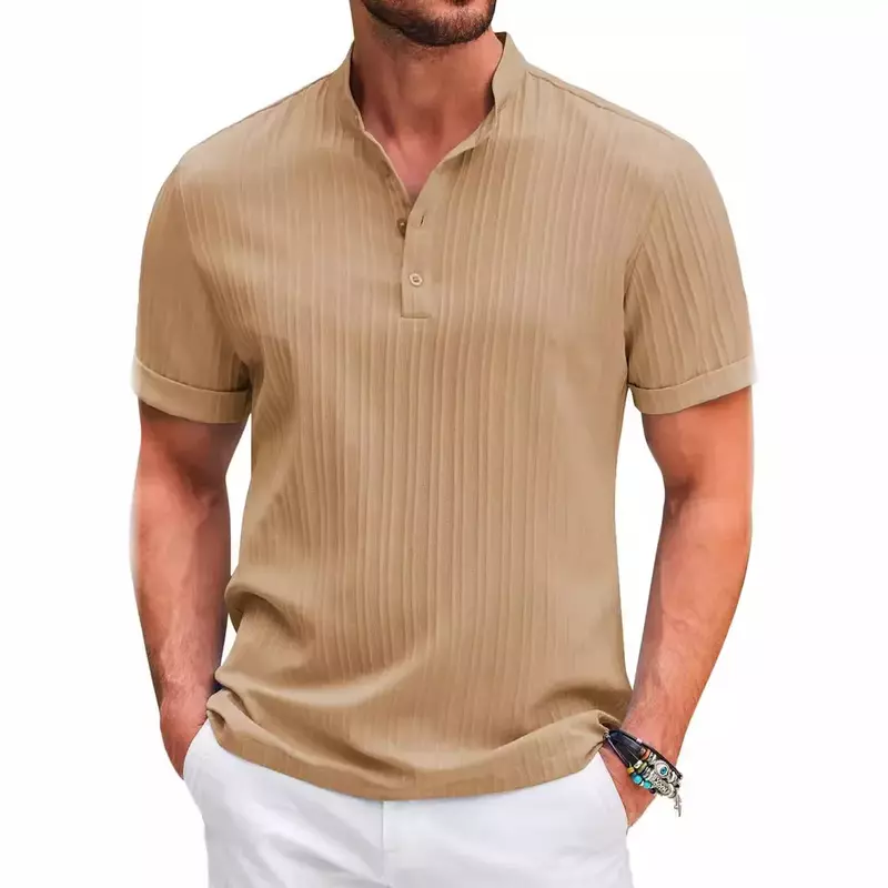 Camiseta de algodón y lino bordada de alta gama para hombre, camisa Henry a rayas, informal, cómoda, transpirable, a la moda, de verano, nueva
