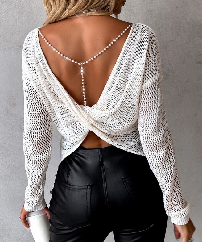 Women's Top Pullover 2023 New Hot Selling Fashion Long Sleeve Loose Pearl Strap Backless Twisted Knitted Hollow Sweater