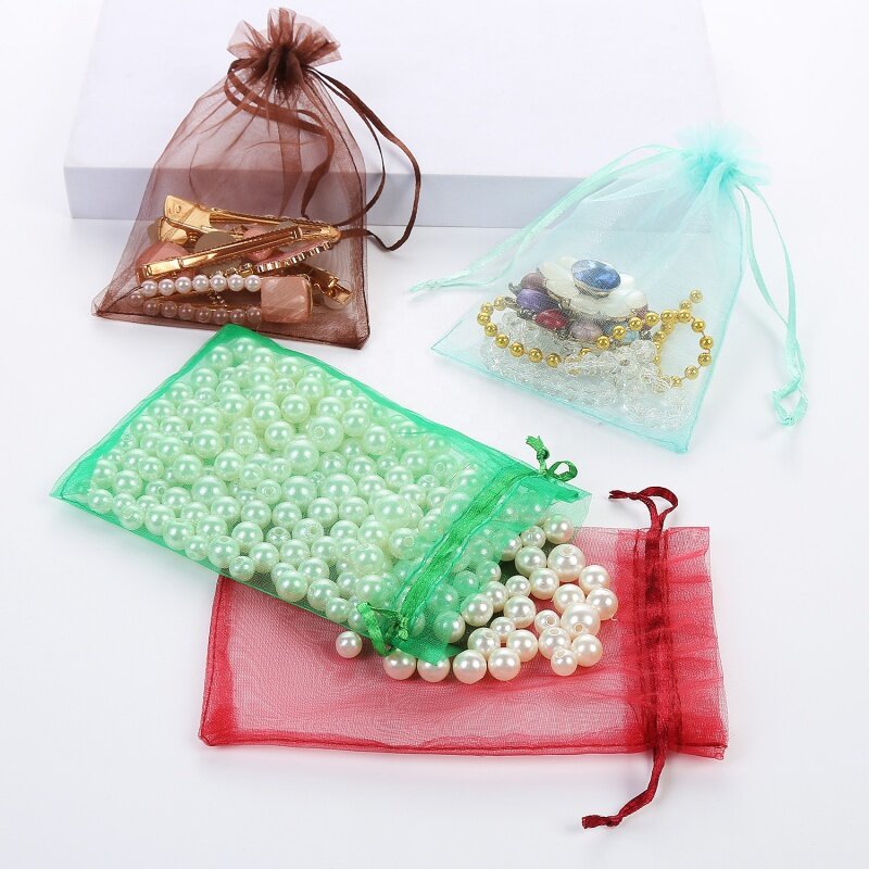 Bolsa de Organza de malla personalizada, bolsas pequeñas con cordón para joyería, embalaje, suministros
