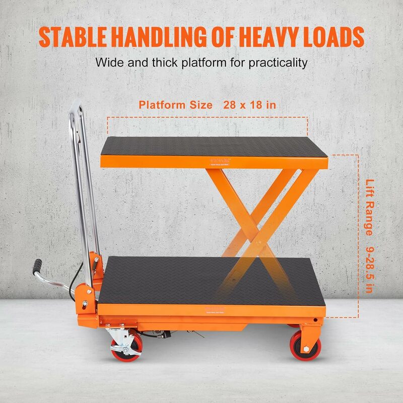 Wózek stołowy podnoszony hydrauliczny VEVOR TF15, pojemność 330 funtów 28,5 cala z 4 kołami i podkładką antypoślizgową, do obsługi materiałów| USA| NOWY